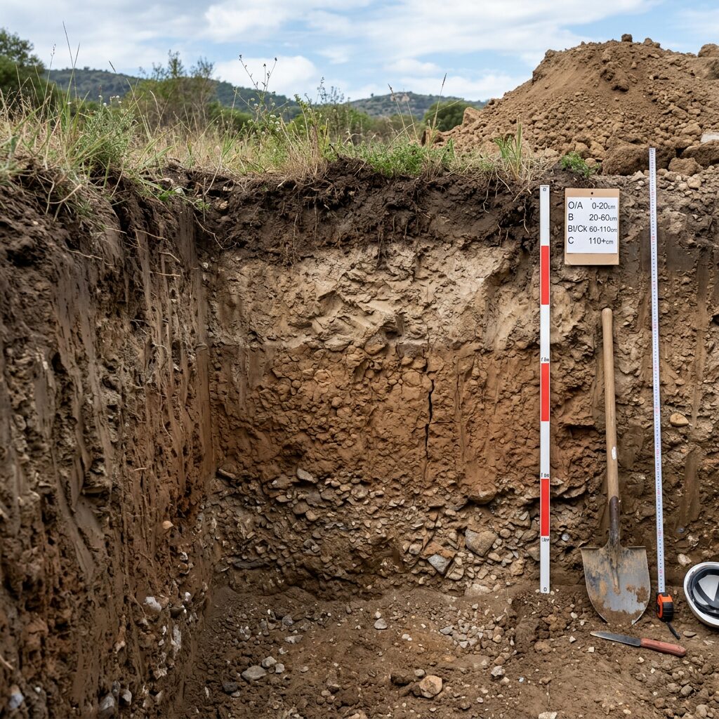 Cross-section of soil layers with measurement scale, shovel, and soil horizon labels